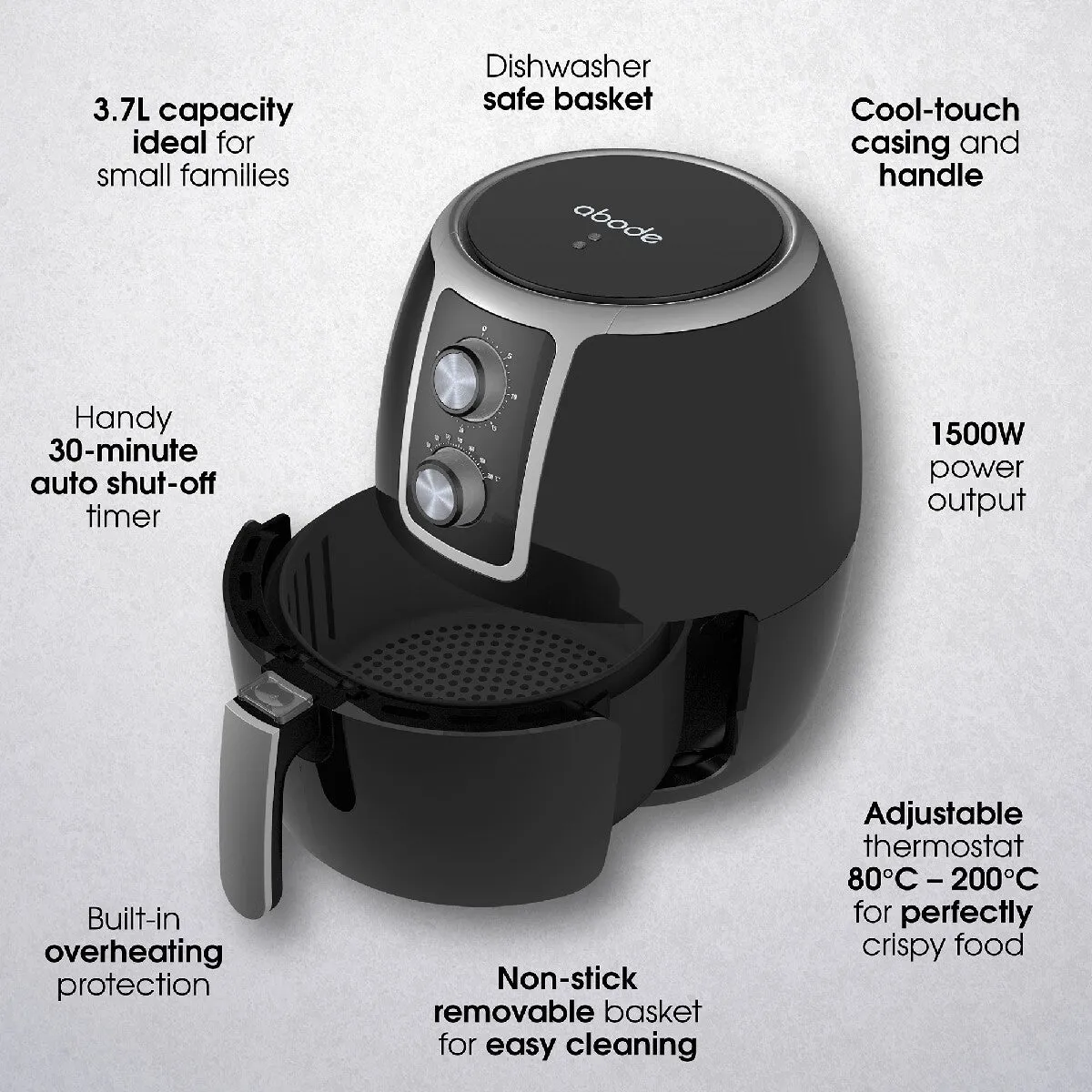 Abode AAF3700 3.7L Manual Air Fryer - Black