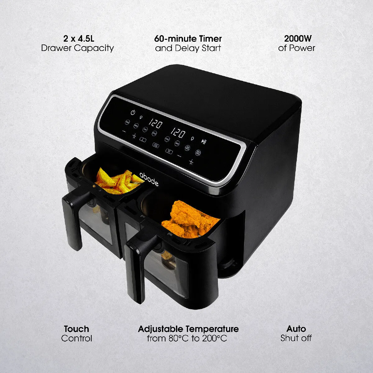 Abode AAF9000, 9L Touch Control Dual Drawer Air Fryer in Black
