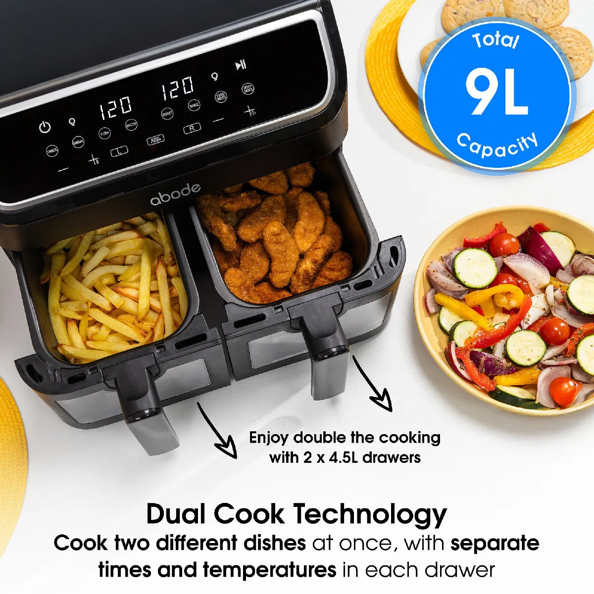 Abode AAF9000, 9L Touch Control Dual Drawer Air Fryer in Black