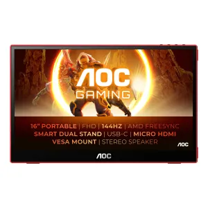 AOC Gaming 16G3 15.6" Full HD Portable Gaming Monitor - 144Hz, 4ms, IPS, AMD FreeSync, Speakers, Black and Red