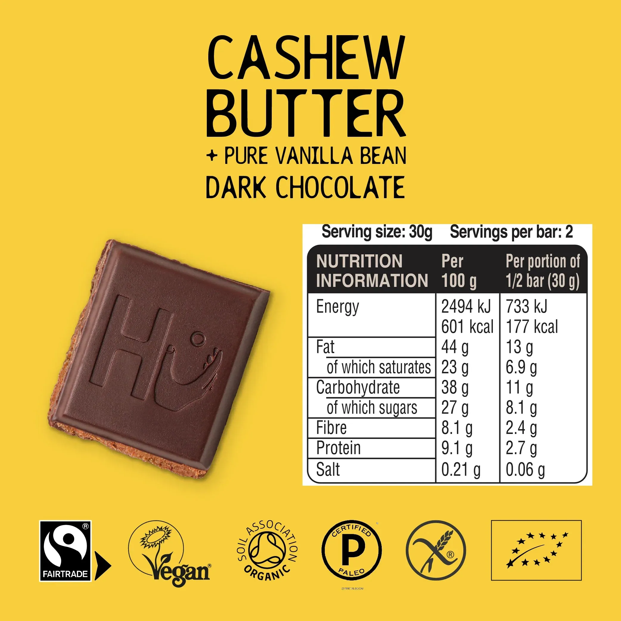 Cashew Butter & Pure Vanilla Organic 70% Chocolate Bar 60g