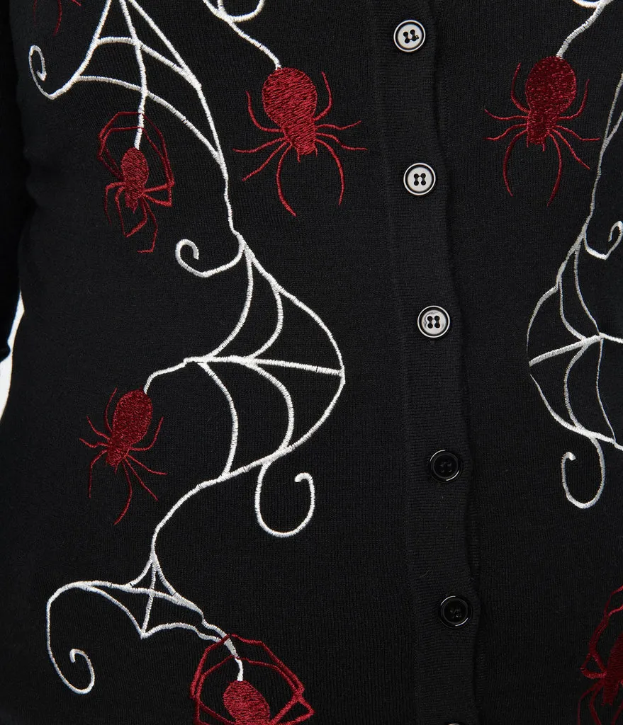 Caught in the Web - Embroidered Black Cardigan Sweater -  womens sizes XS-XXL