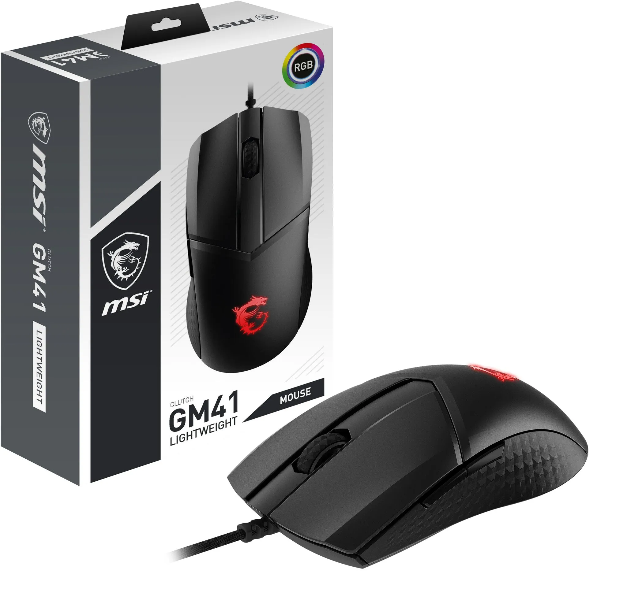 MSI CLUTCH GM41 LIGHTWEIGHT RGB FPS Gaming Mouse 'upto 16000 DPI Fast Optical Sensor, 65g weight, Frixion Free Cable, Symmetrical design, OMRON Switch with 60  Million Clicks, Dragon Center Supported, NVIDIA REFLEX Compatible'