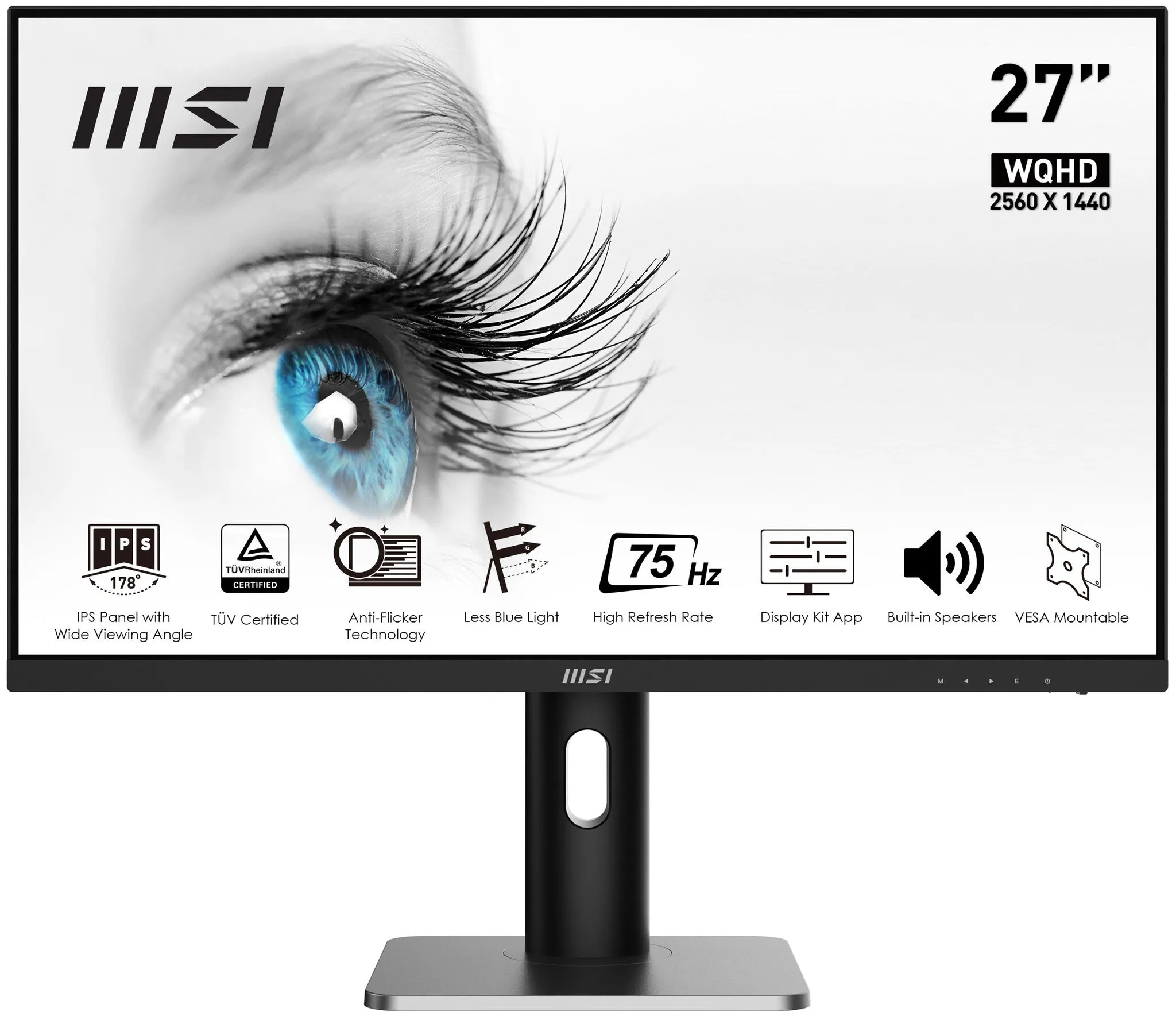 MSI Pro MP273QP 27" Wide Quad HD Monitor - 75Hz, 1ms, IPS, Height Adjustable, Speakers, Black and Silver