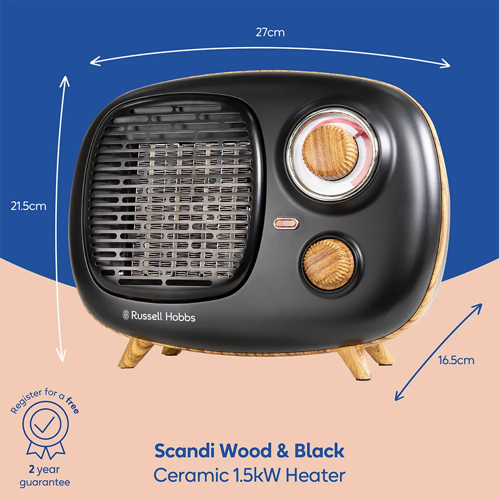 Russell Hobbs RHRETPTC2001WDB Scandi Retro Ceramic Heater -  Black & Wood