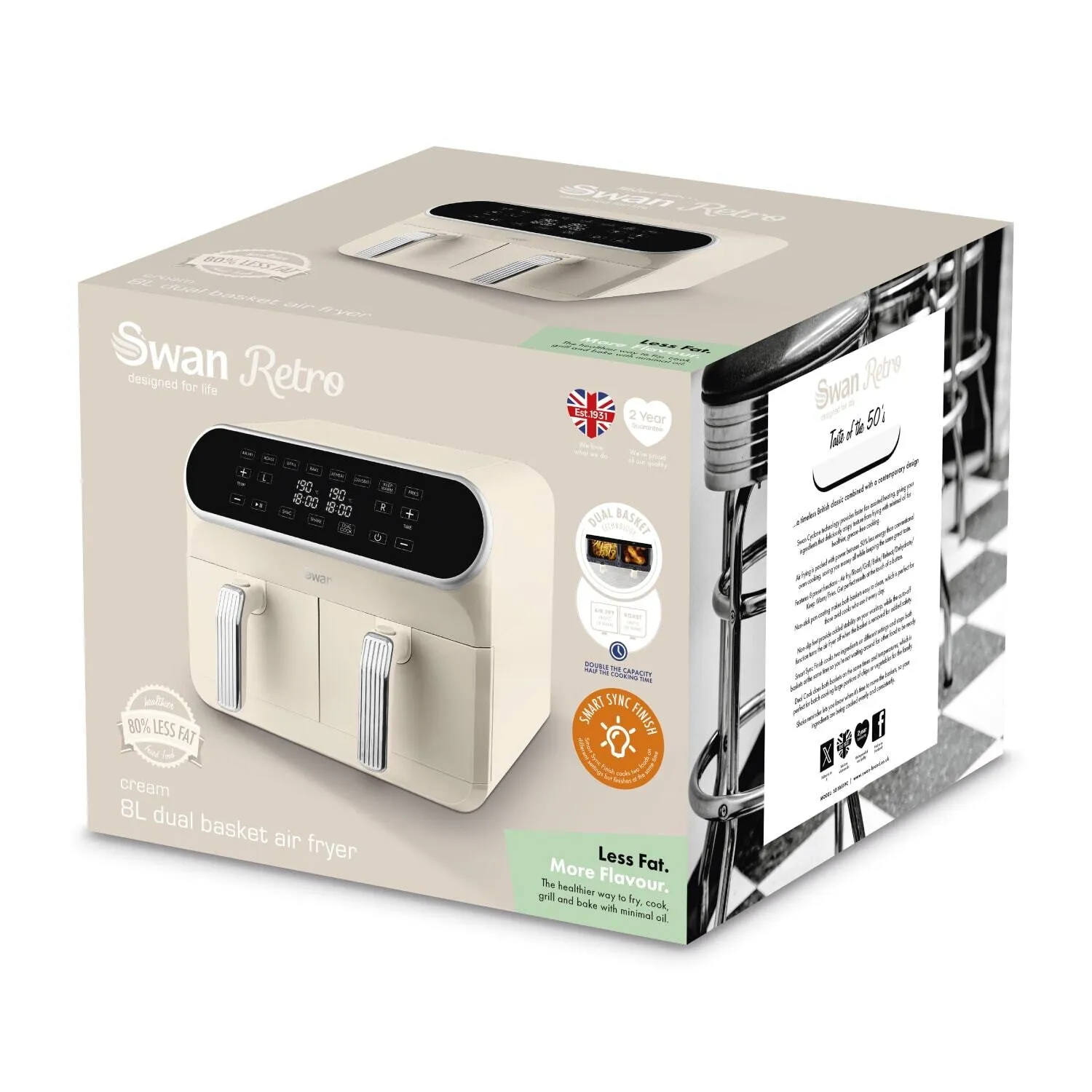 Swan Retro Double 8 L Stand-alone 1700 W Hot air fryer Cream
