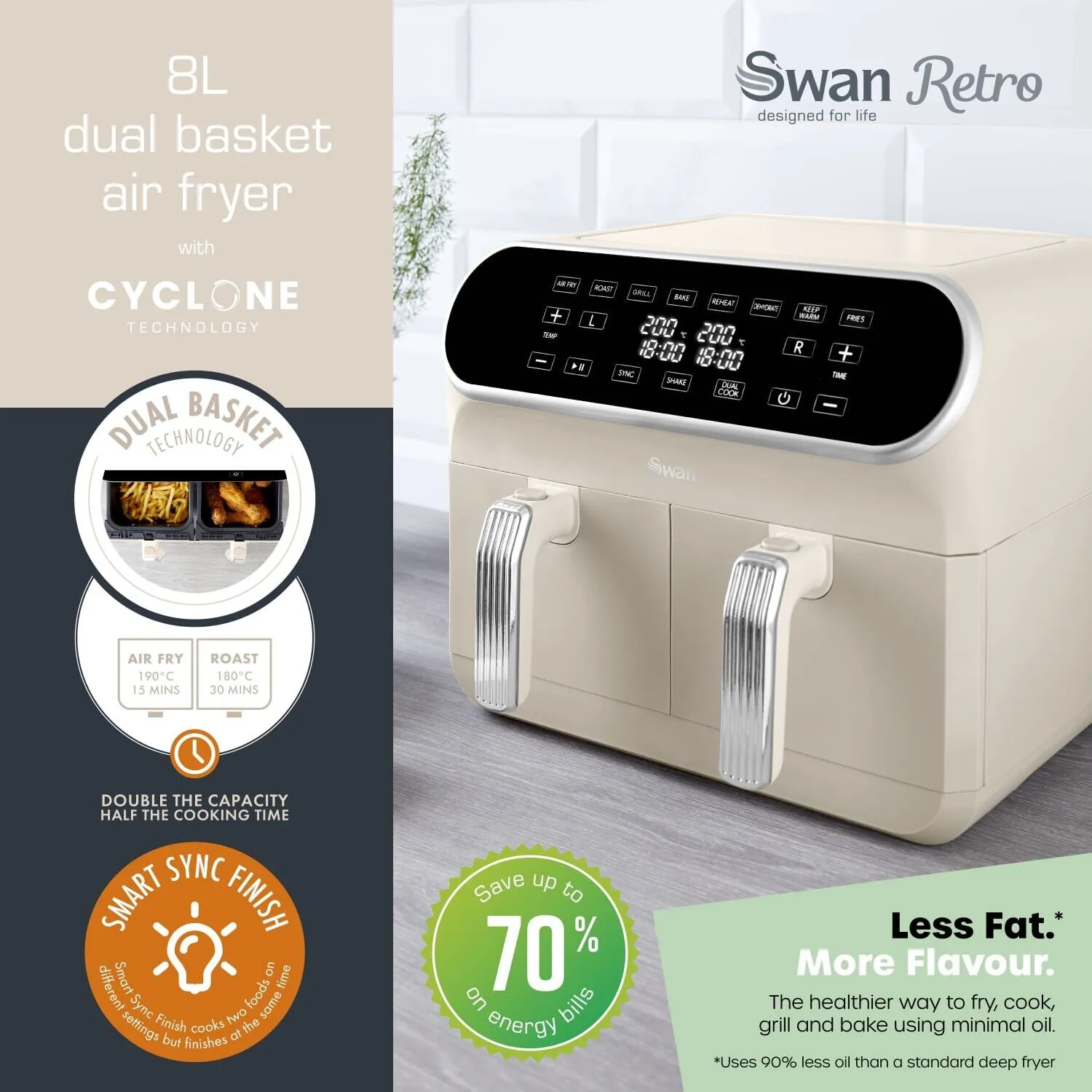 Swan Retro Double 8 L Stand-alone 1700 W Hot air fryer Cream