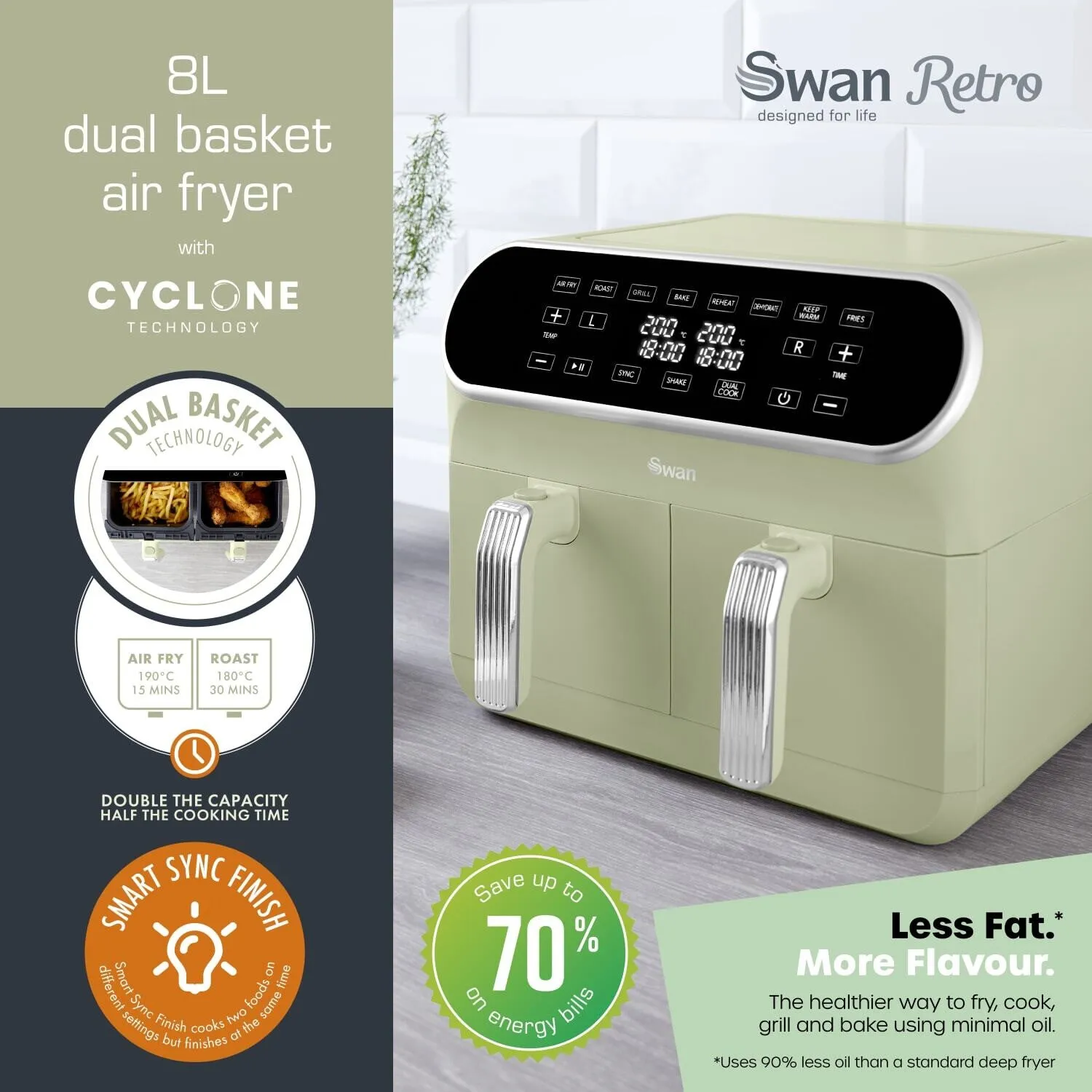Swan Retro Double 8 L Stand-alone 1700 W Hot air fryer Green
