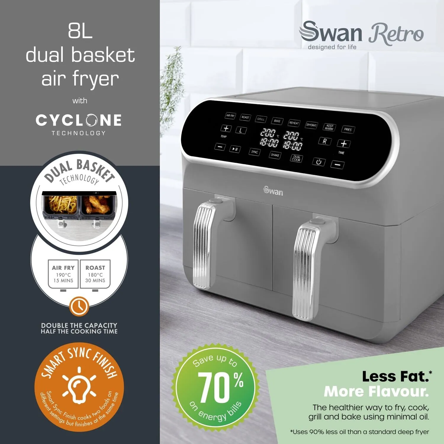 Swan Retro Double 8 L Stand-alone 1700 W Hot air fryer Grey