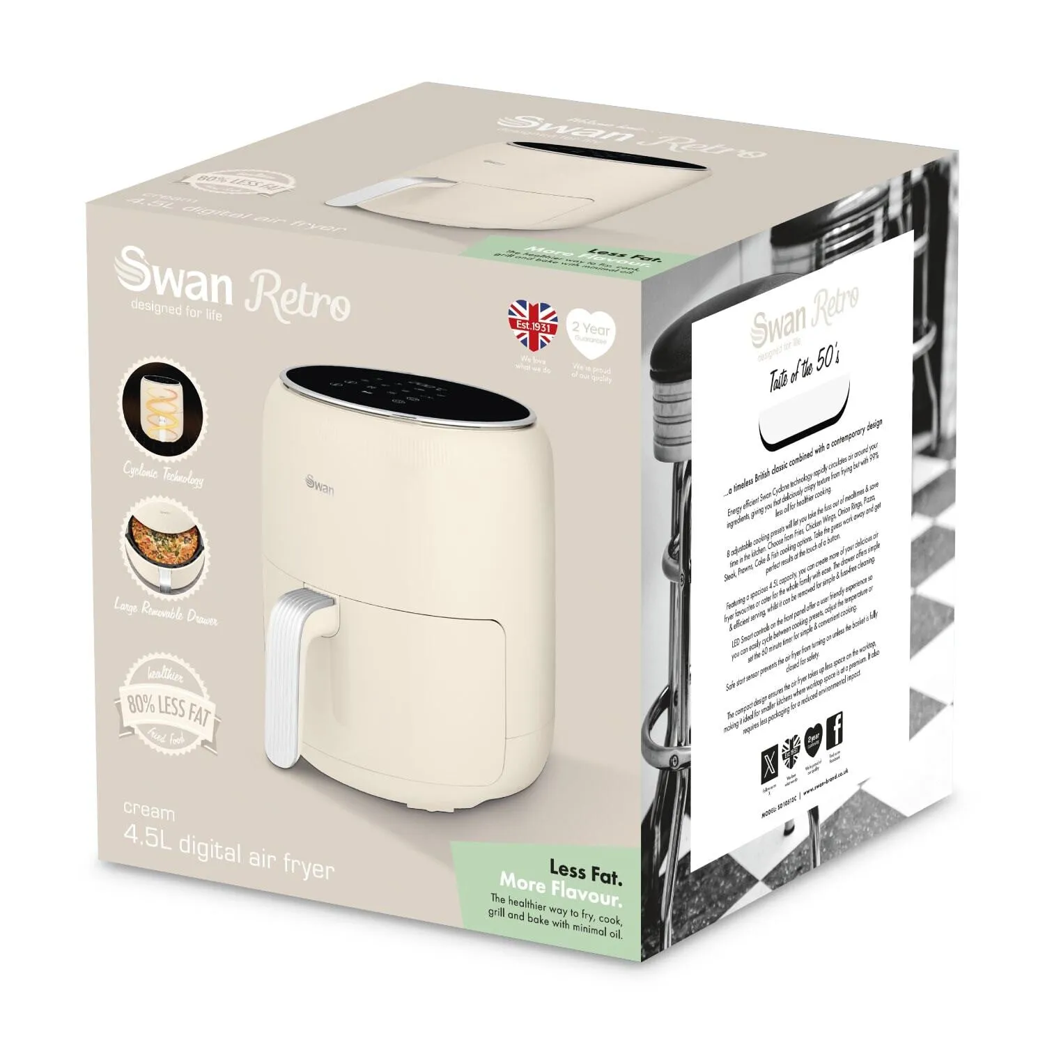 Swan Retro Single 4.5 L Stand-alone Hot air fryer Cream