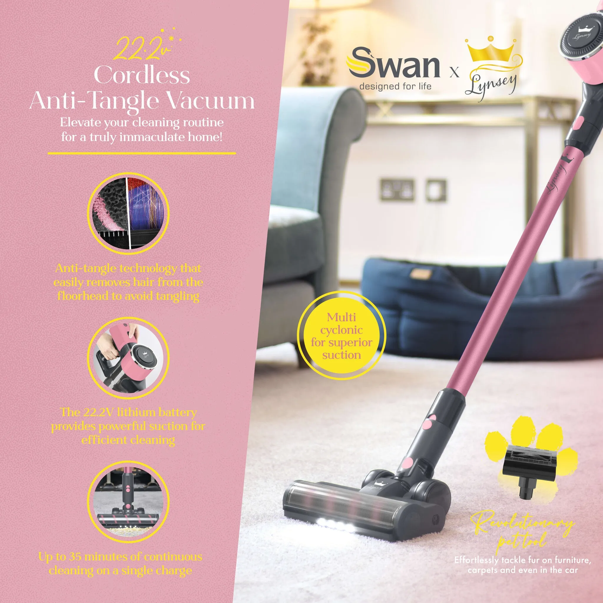 Swan SC15827QOC Lynsey Queen of Clean Cordless Anti-Tangle Vacuum Cleaner