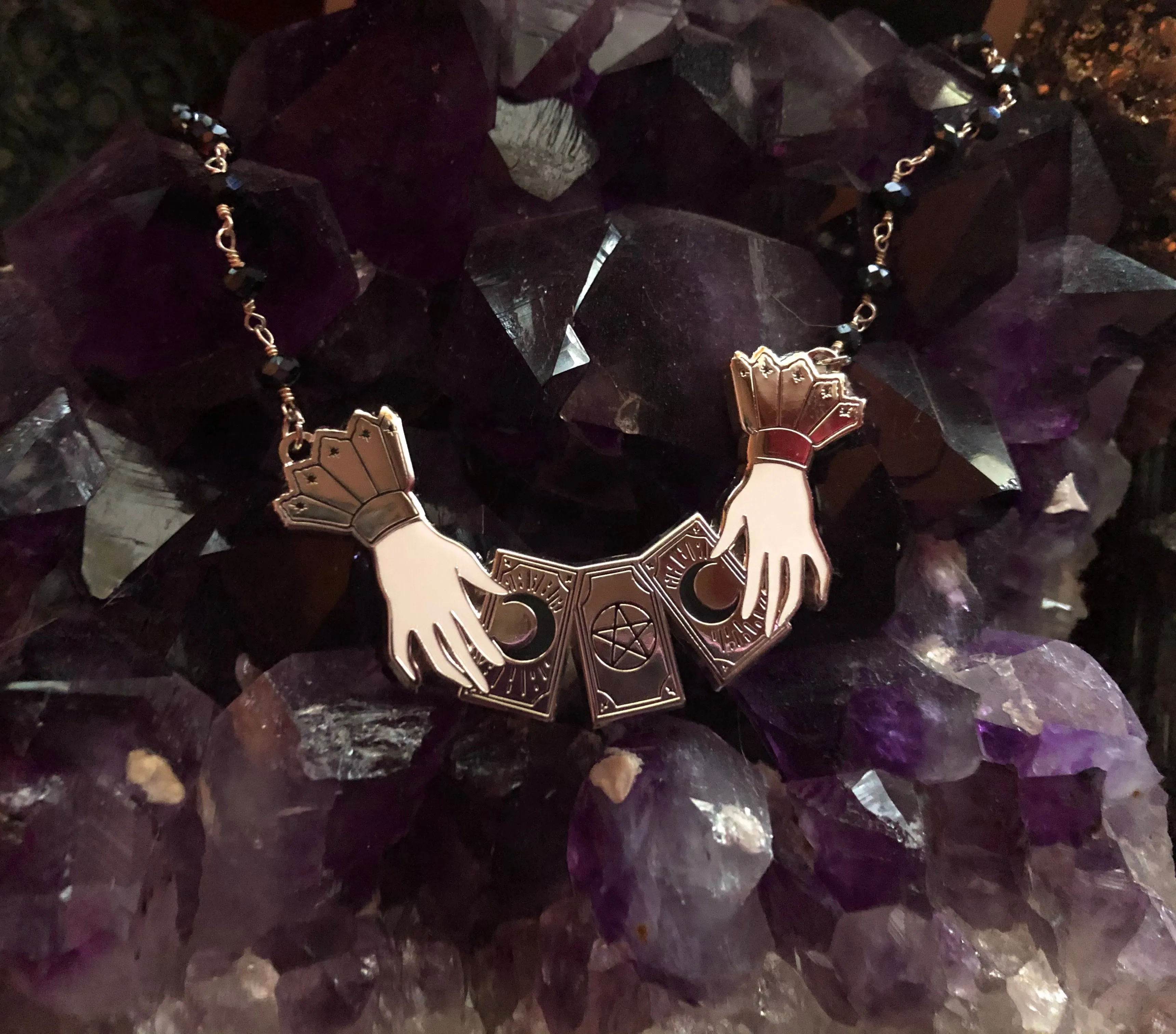 The Haunted Tarot Necklace - Victorian Hands - Tarot Cards - Rosary Beaded Chain