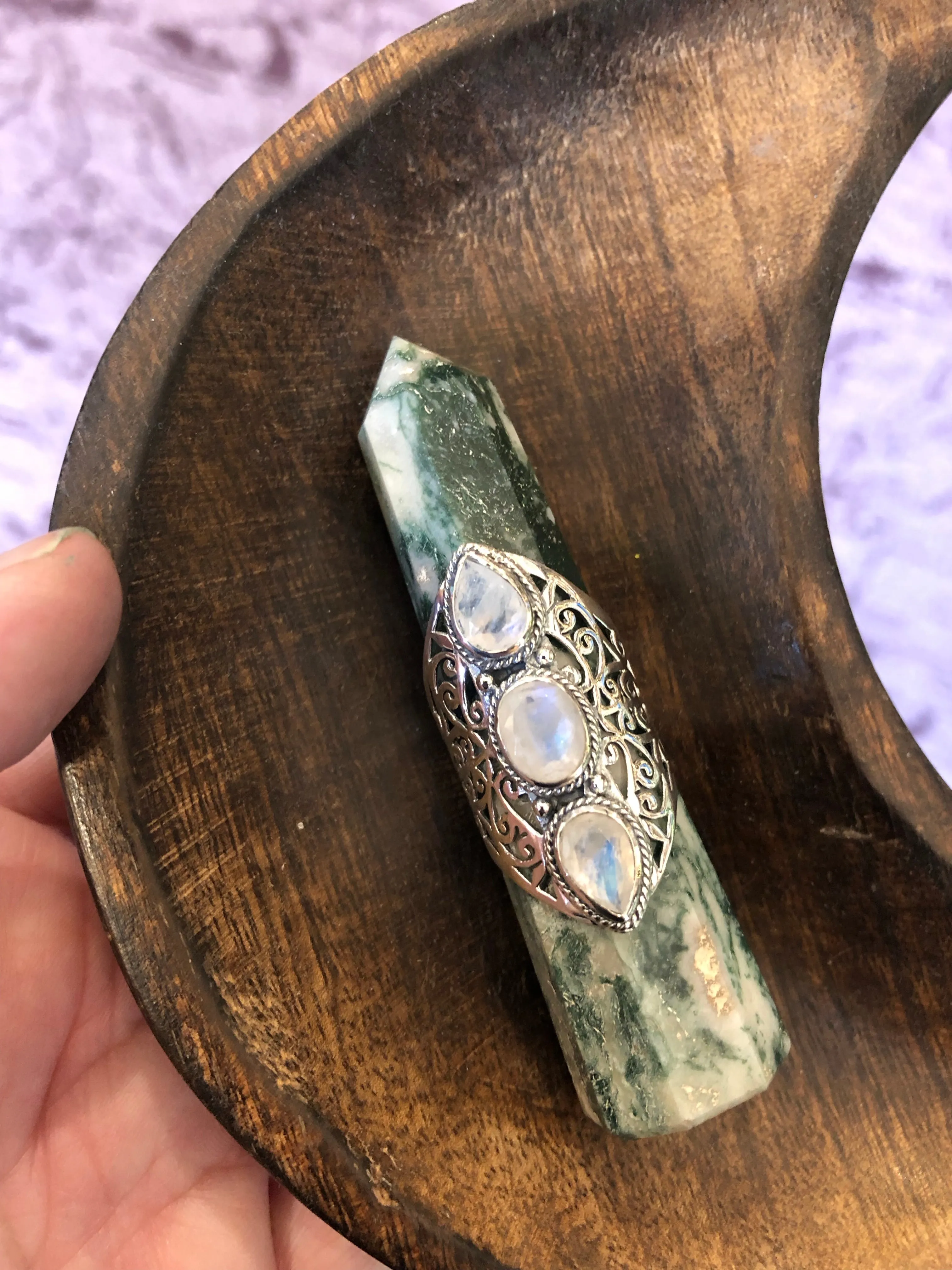 The Light Worker Ring - Rainbow Moonstone Crystal - Sterling Silver
