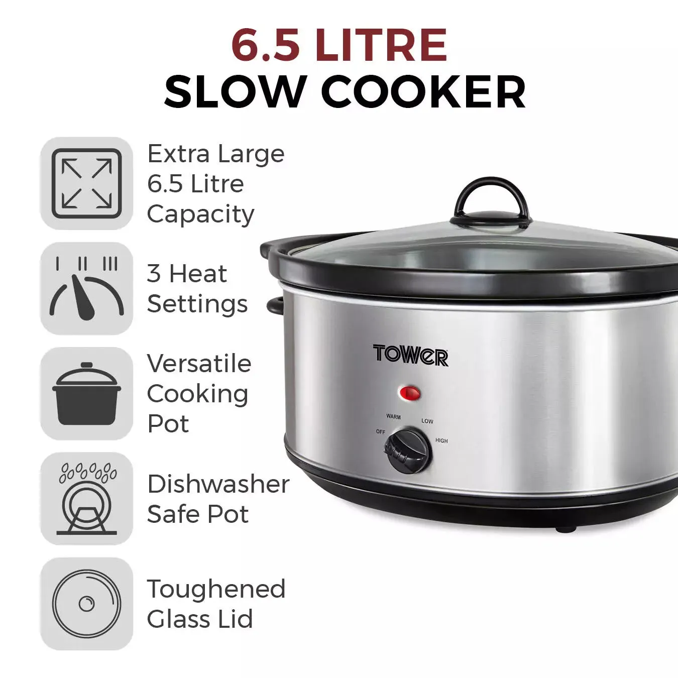 Tower 6.5 Litre Stainless Steel Slow Cooker