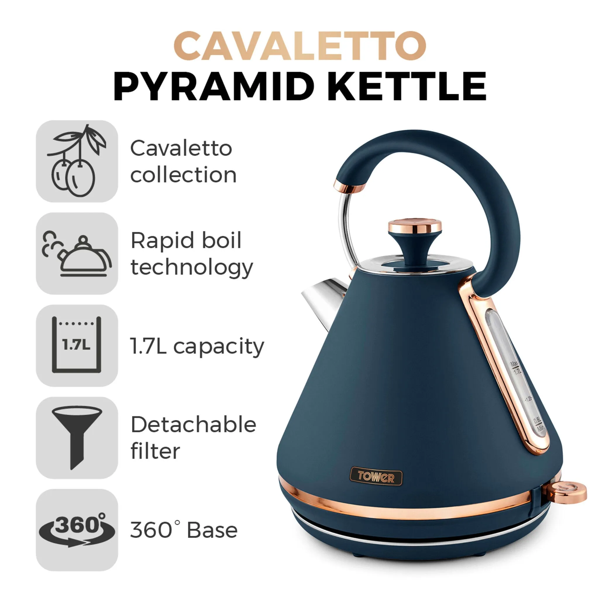 Tower Cavaletto 3KW 1.7 Litre Pyramid Kettle Midnight Blue