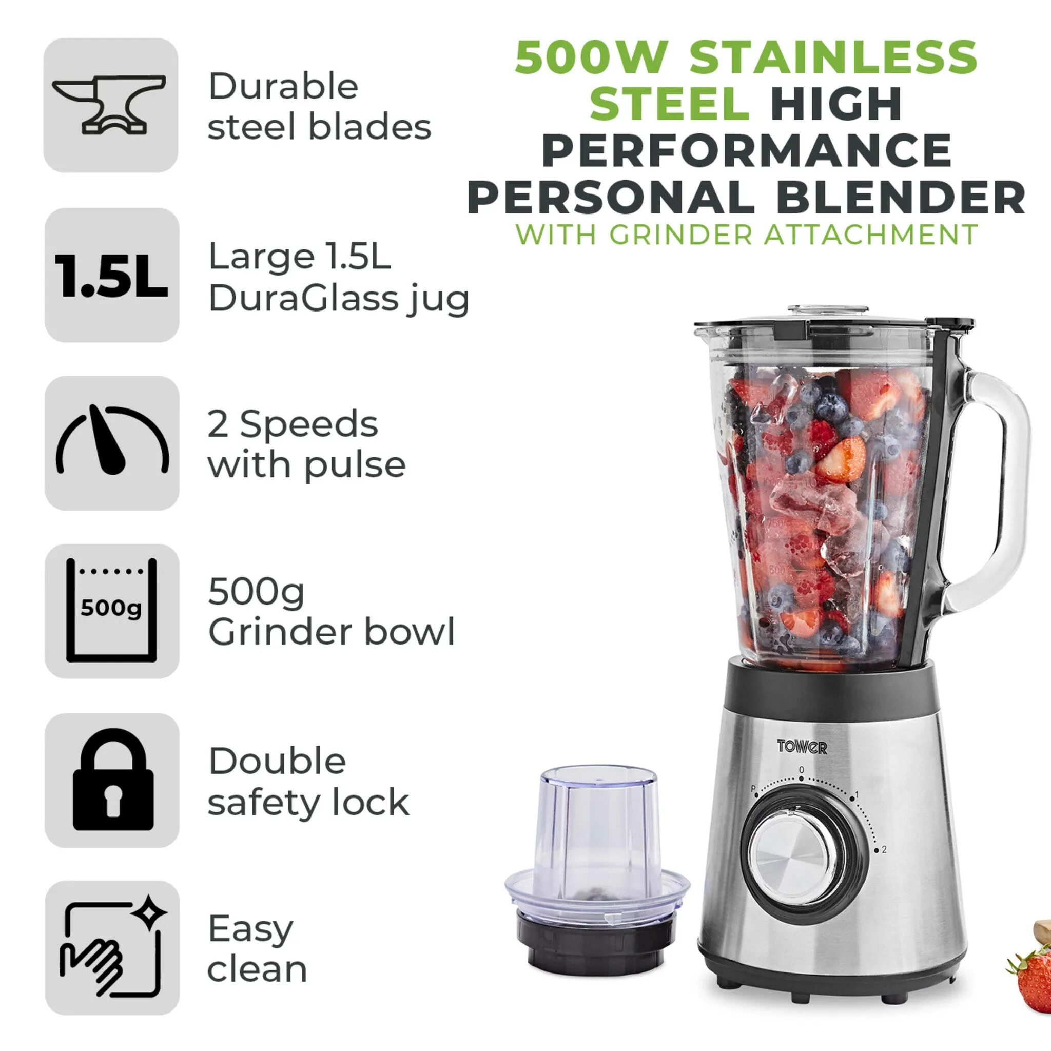 Tower T12073 blender 1.5 L Tabletop blender 500 W Stainless steel