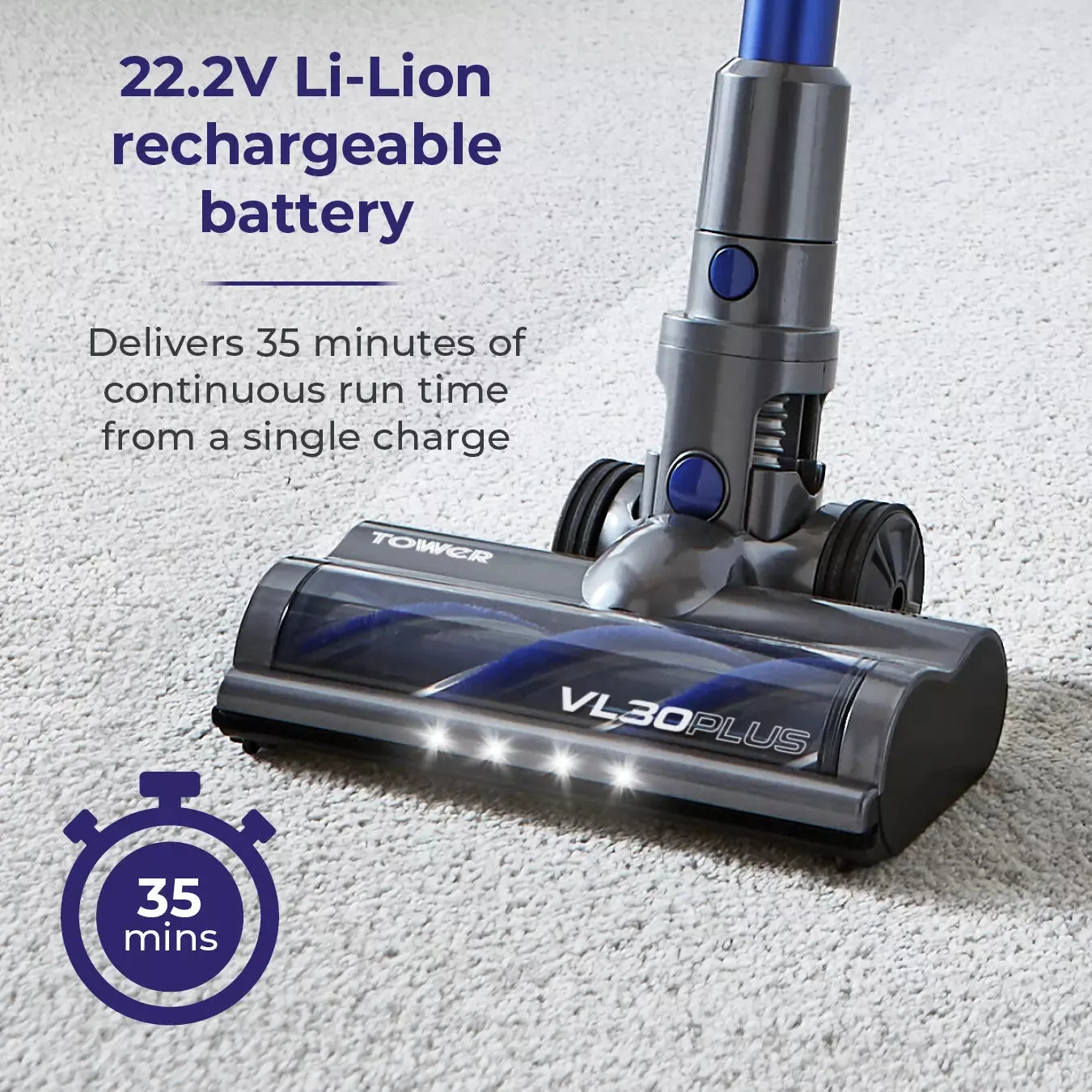 Tower T513003 stick vacuum/electric broom 2-in-1 stick vacuum DC Dry HEPA Bagless 150 W Blue