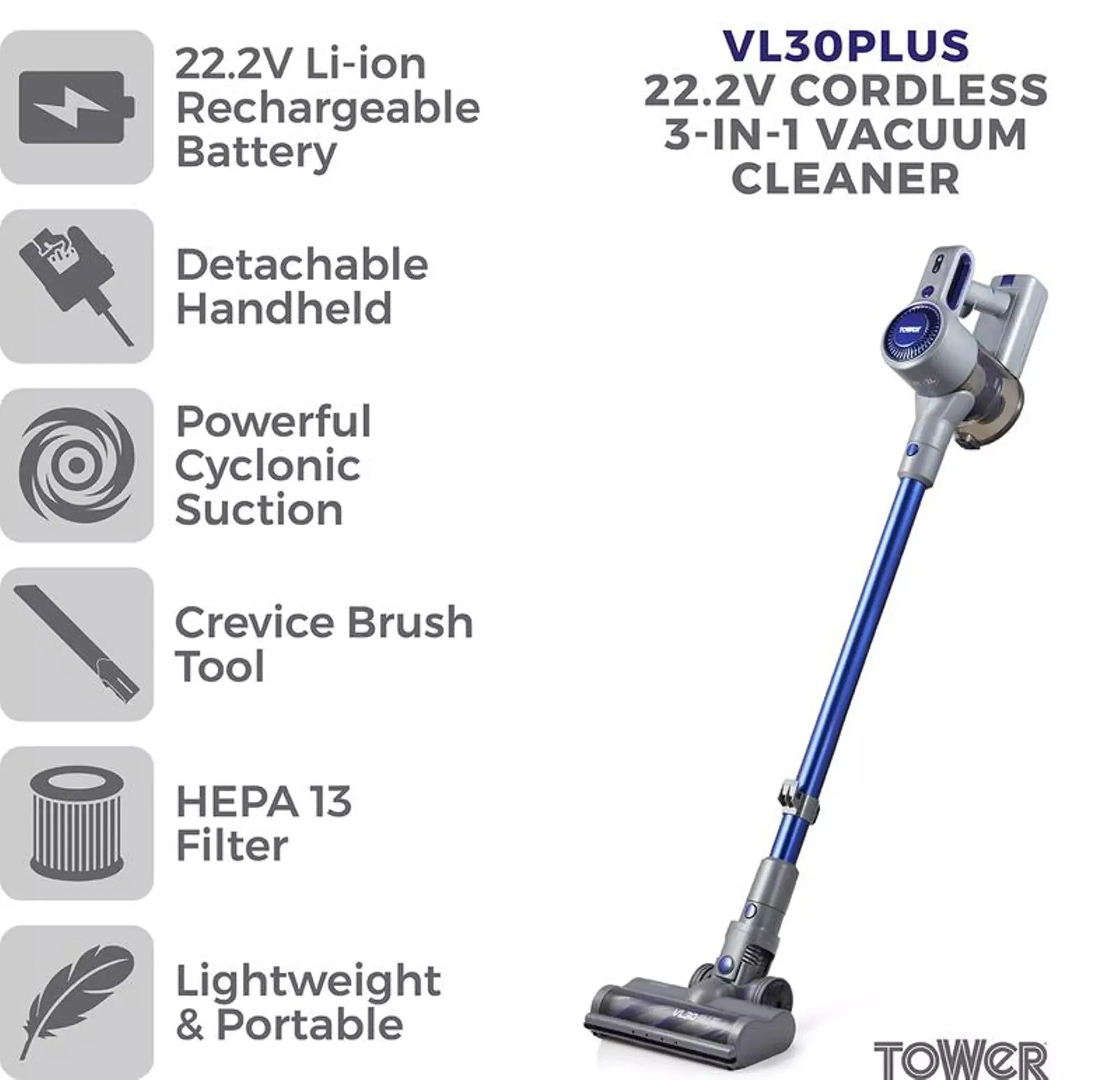 Tower T513003 stick vacuum/electric broom 2-in-1 stick vacuum DC Dry HEPA Bagless 150 W Blue