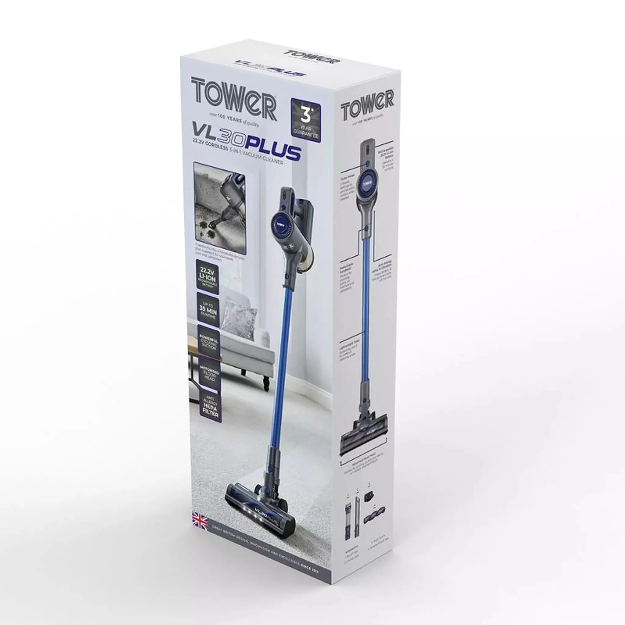 Tower T513003 stick vacuum/electric broom 2-in-1 stick vacuum DC Dry HEPA Bagless 150 W Blue