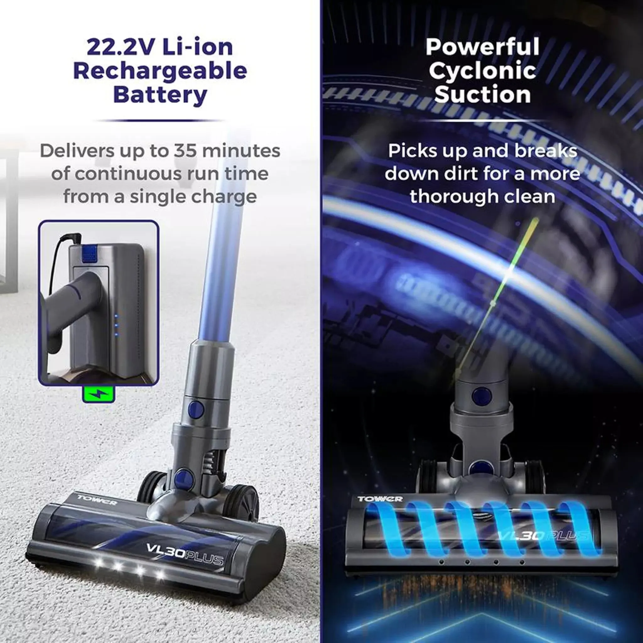 Tower T513003 stick vacuum/electric broom 2-in-1 stick vacuum DC Dry HEPA Bagless 150 W Blue