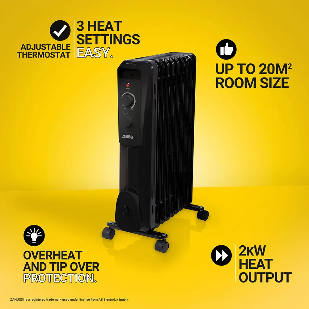 Zanussi ZOFR5004B 2kW 9 Fin Oil Filled Radiator – Black